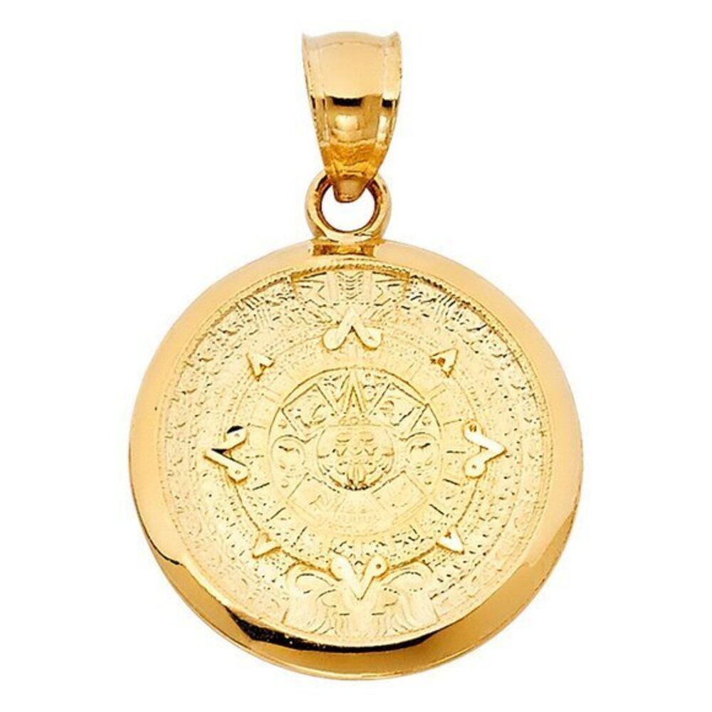 14k Yellow Gold Aztec sun calendar Pendant 1.20" inches